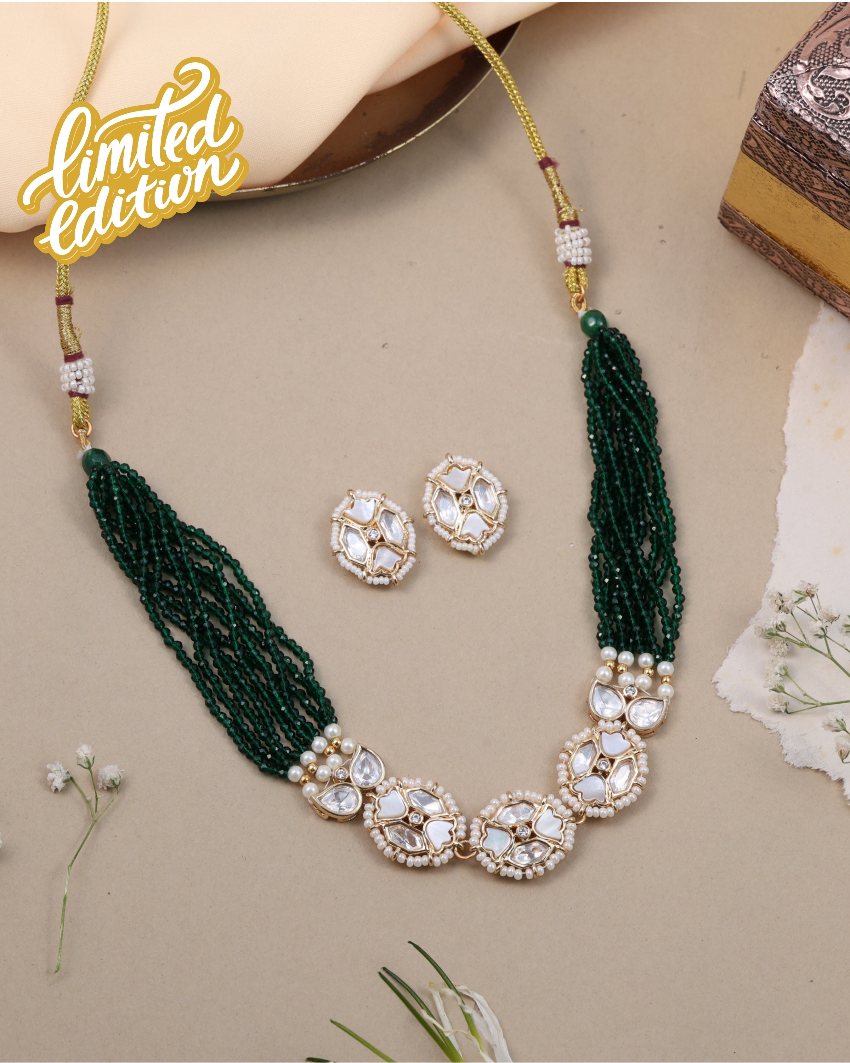 Anokhi Emerald Mother of pearl Kundan Statement Set