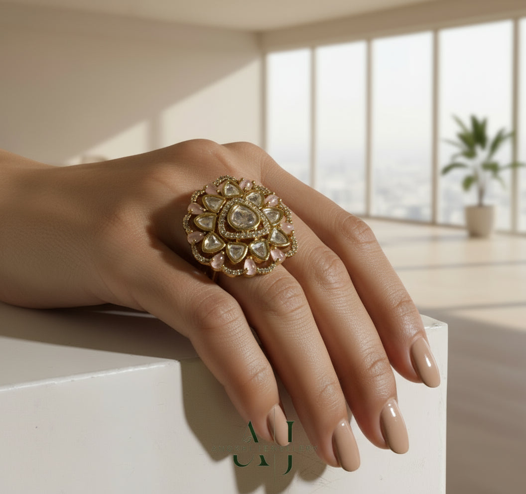 Gulab Ring - Pastel Pink Kundan Adjustable Ring India | Anokhi