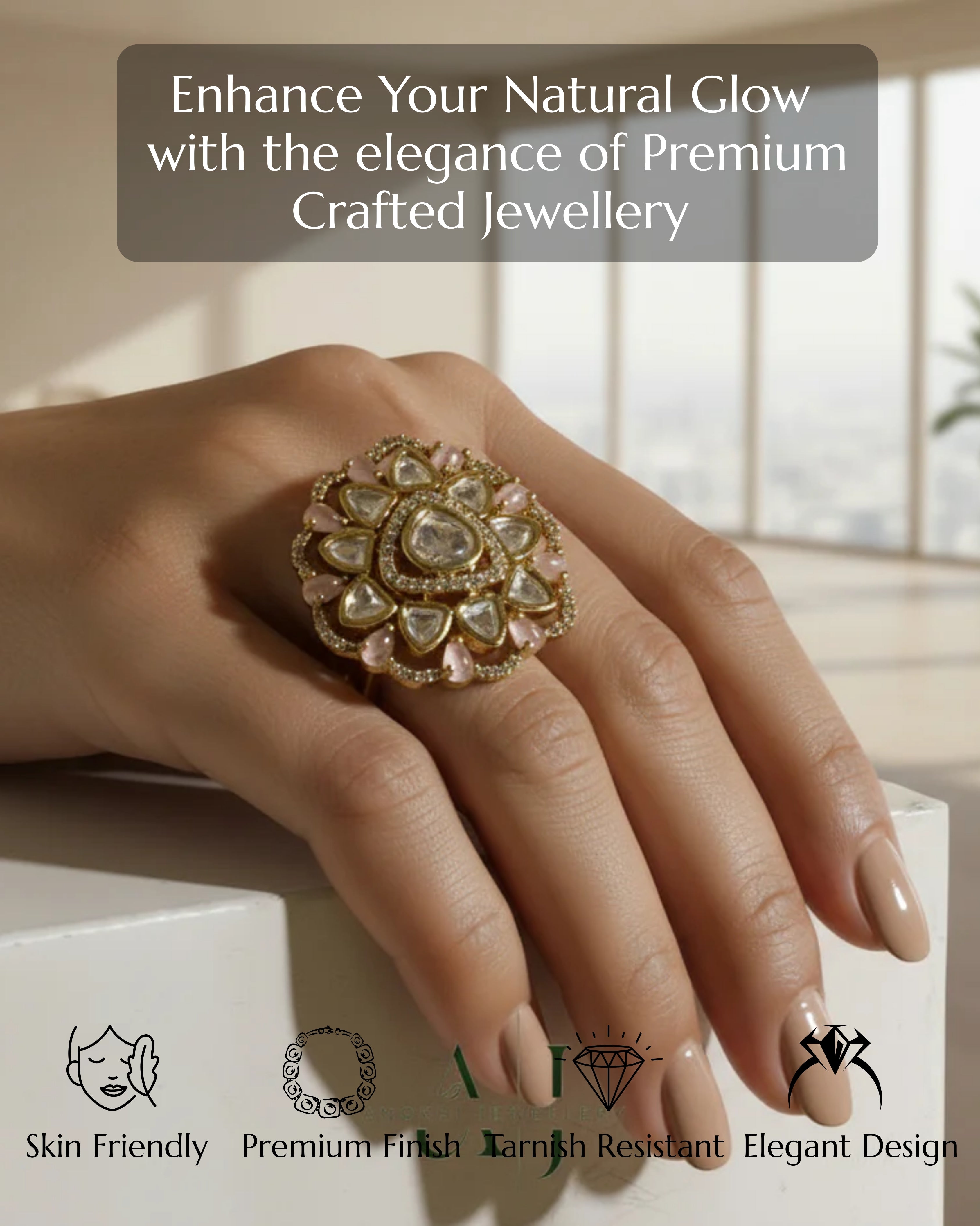 Gulab Ring - Pastel Pink Kundan Adjustable Ring India | Anokhi