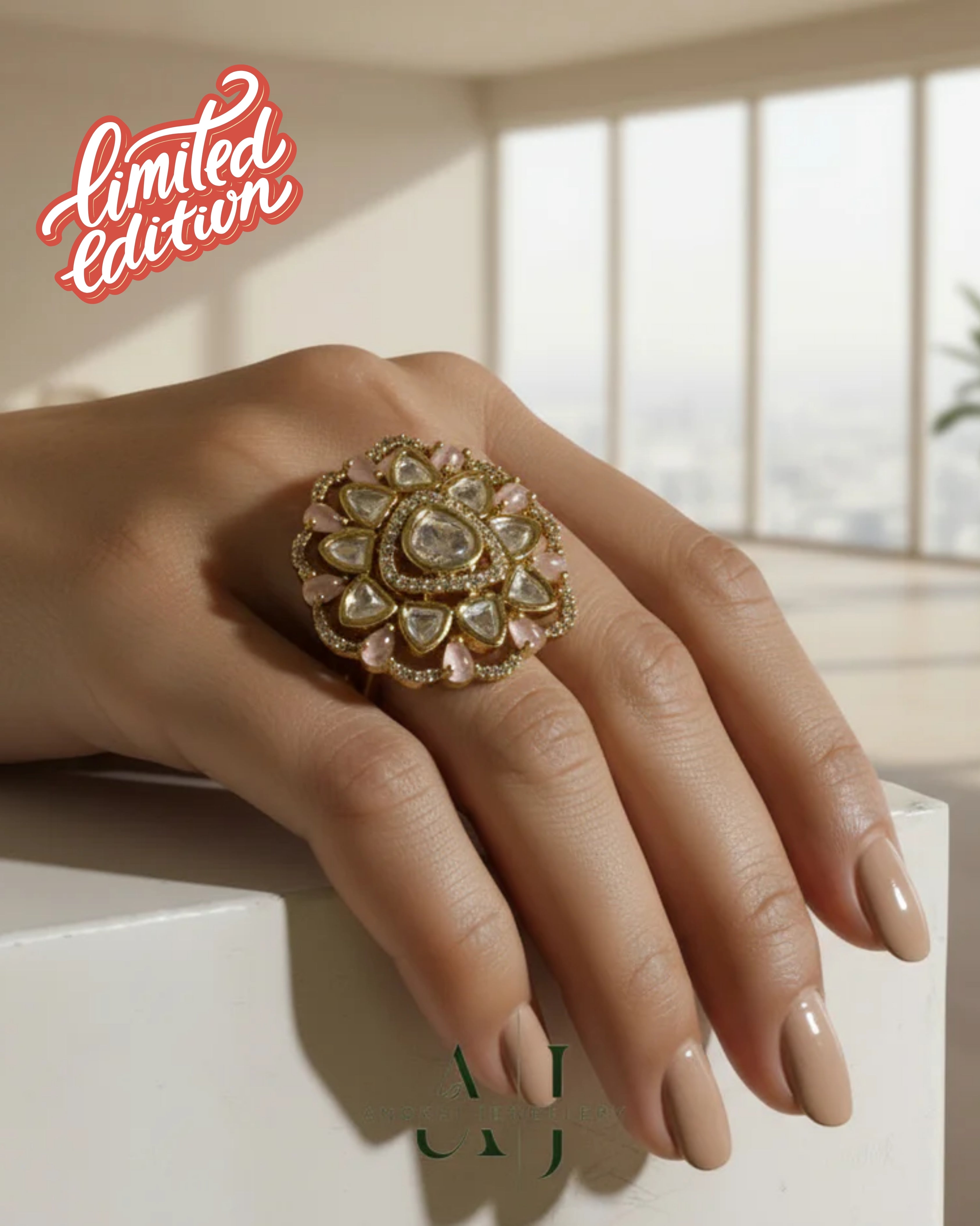 Gulab Ring - Pastel Pink Kundan Adjustable Ring India | Anokhi