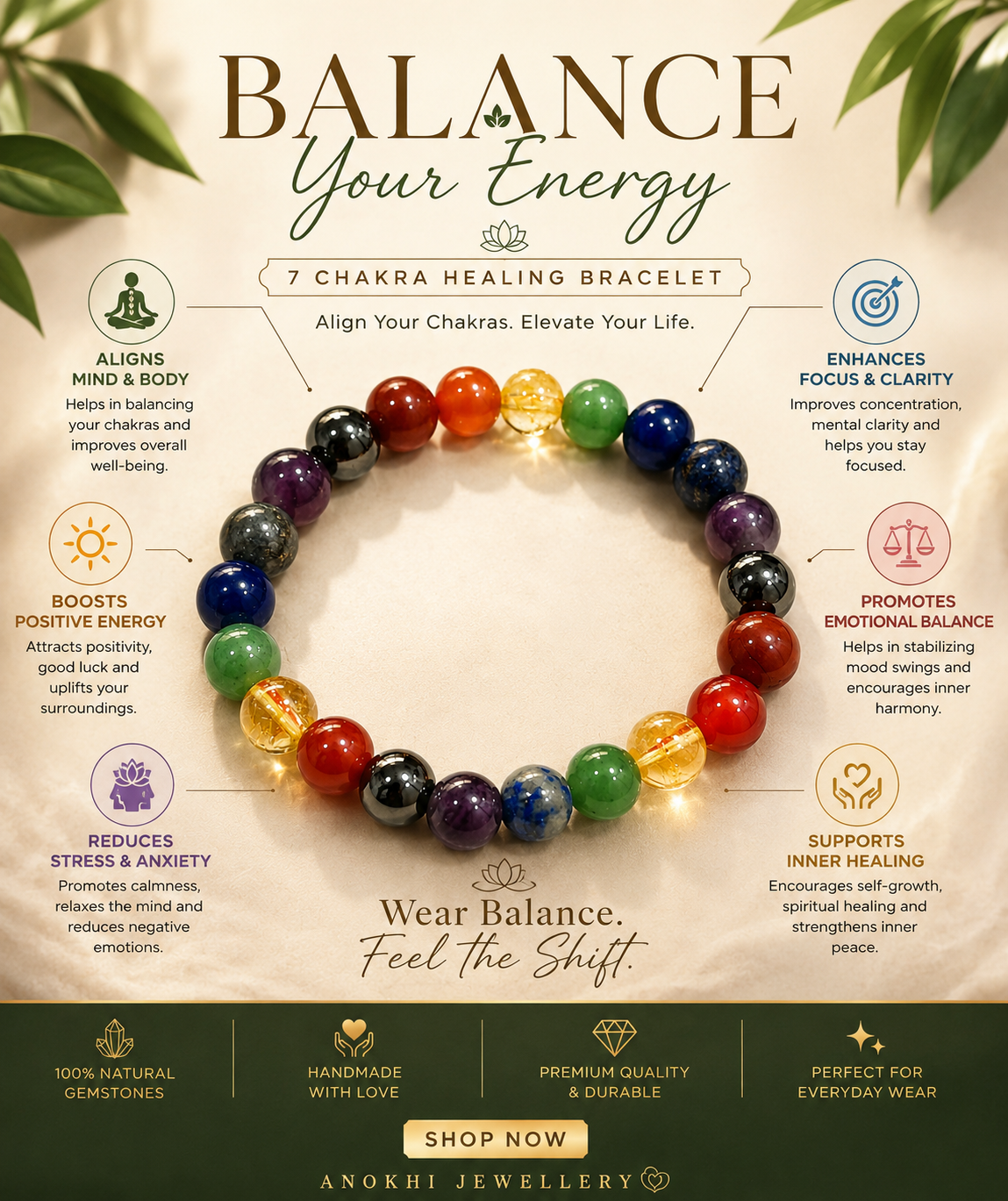7 chakra natural Gemstone bracelet certified