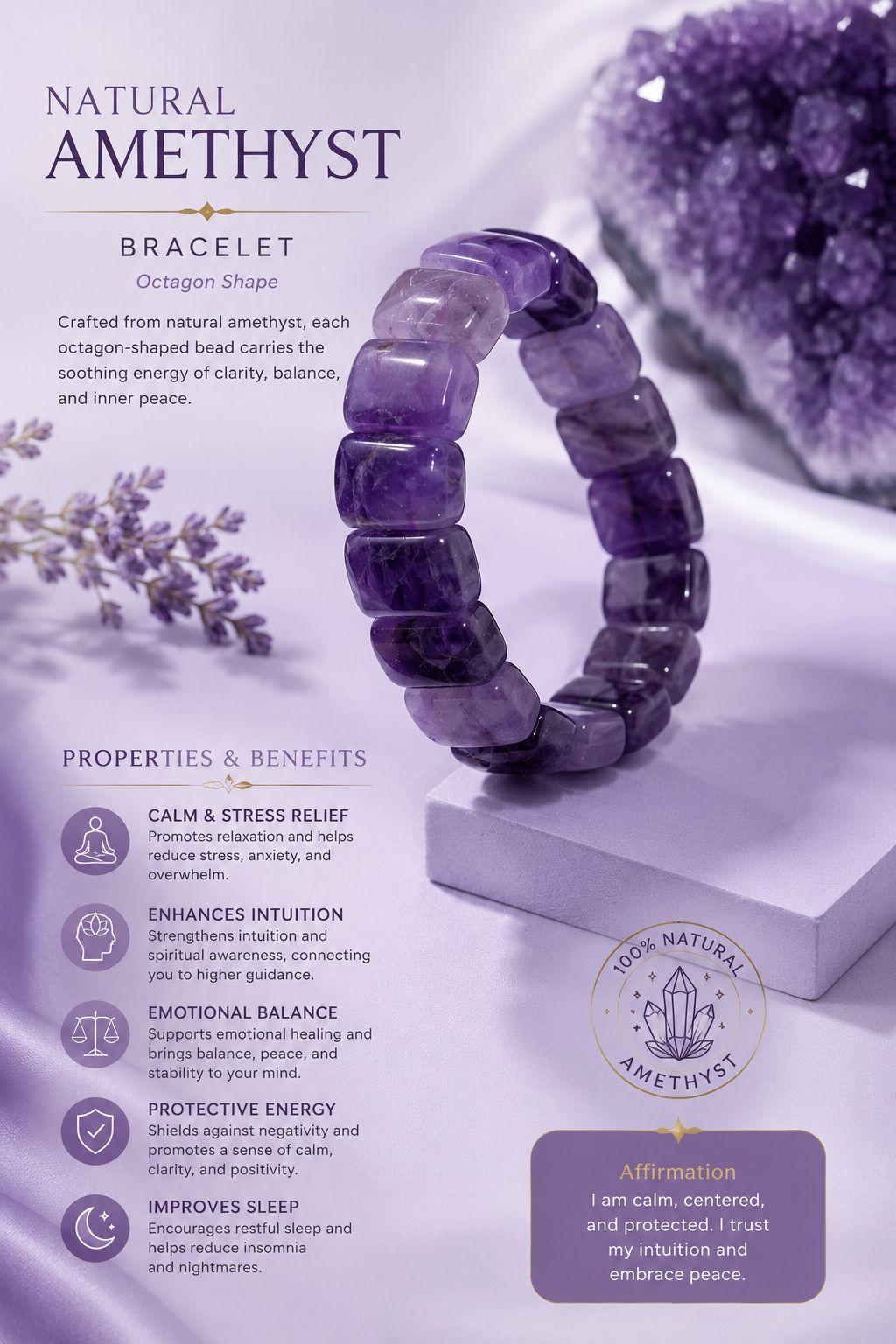 Amethyst octagon natural bracelet certified