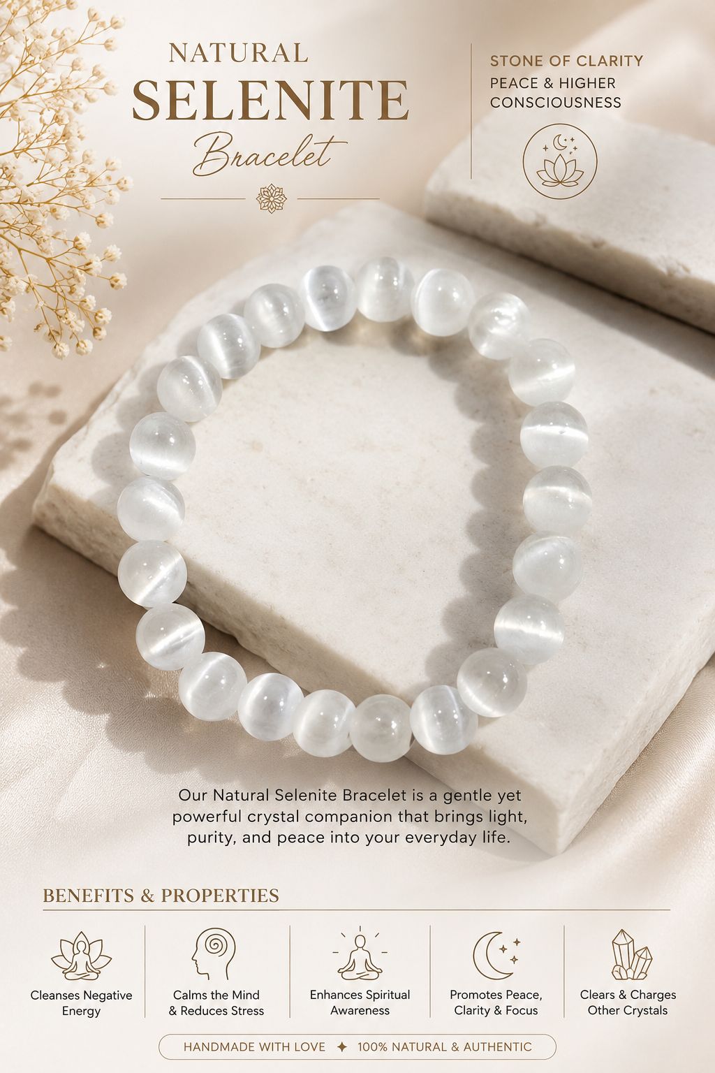 White Selenite natural gemstone bracelet certified