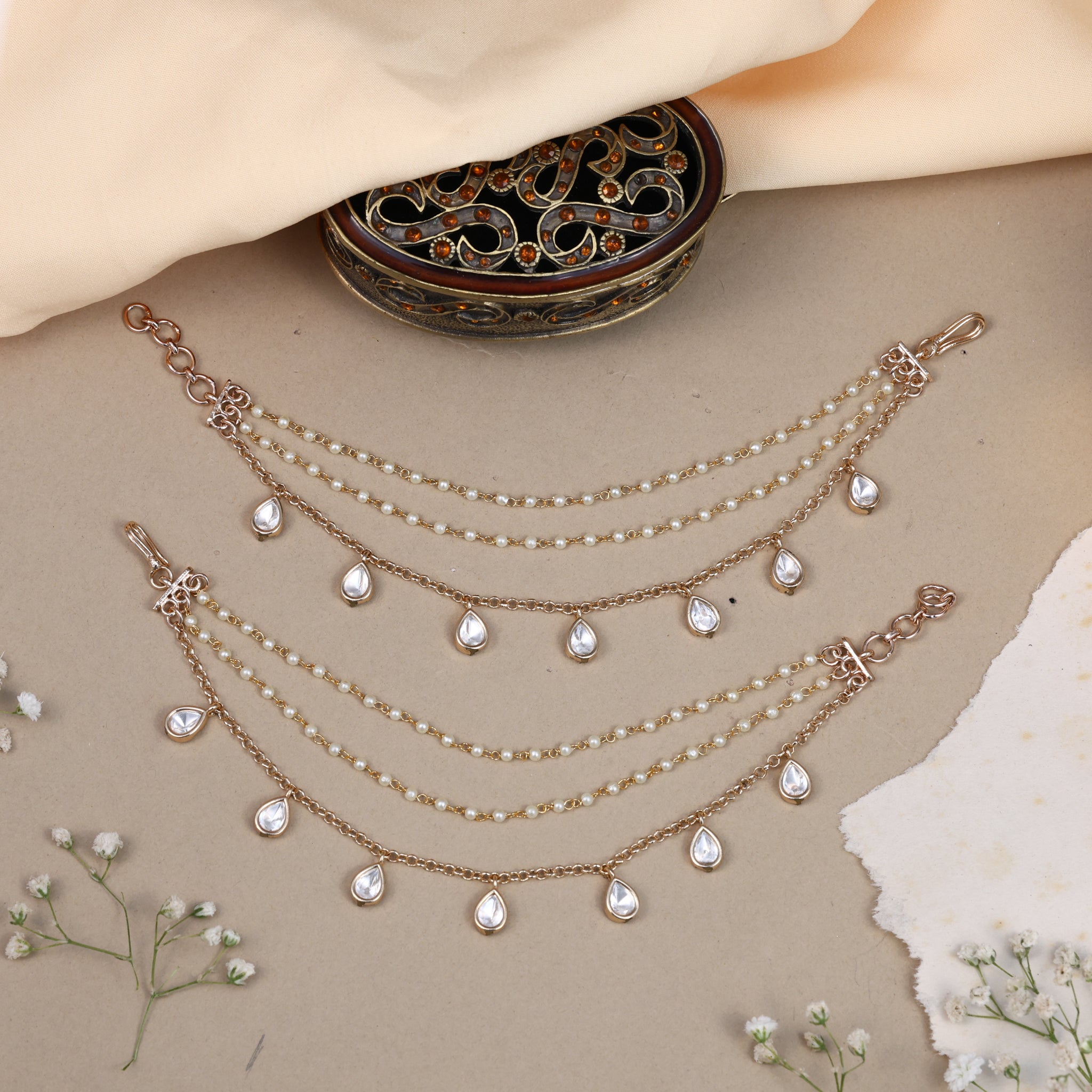Anokhi Pearl Kundan Drop Layered Ear chain