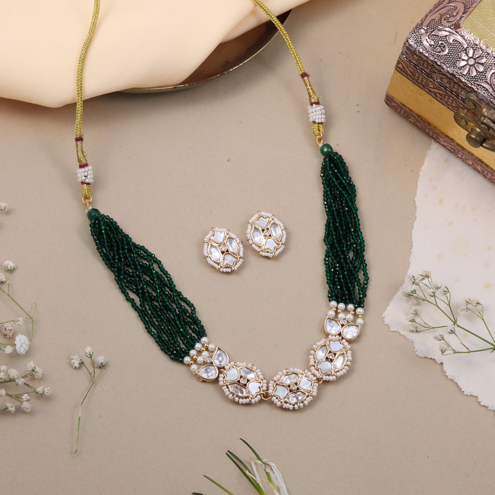 Anokhi Emerald Mother of pearl Kundan Statement Set